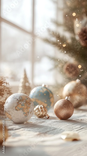 An empty scene featuring miniature globe ornaments representing different countries, creating an ideal product mockup space,