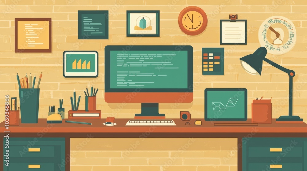 A desk with a computer, a lamp, and various office supplies. A desk with a computer, a lamp, and various office supplies.