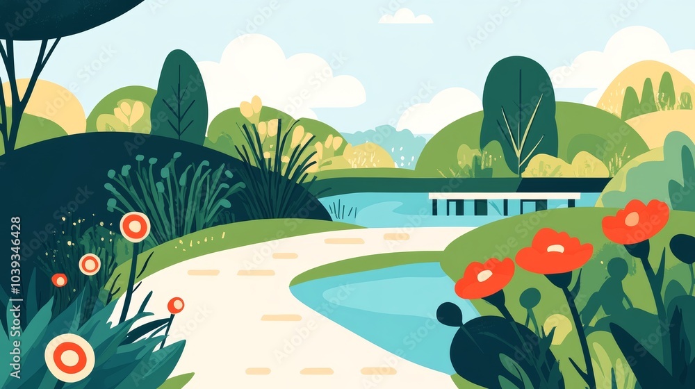 Obraz premium Serene Landscape with Pathway and Blossoming Flowers in Nature