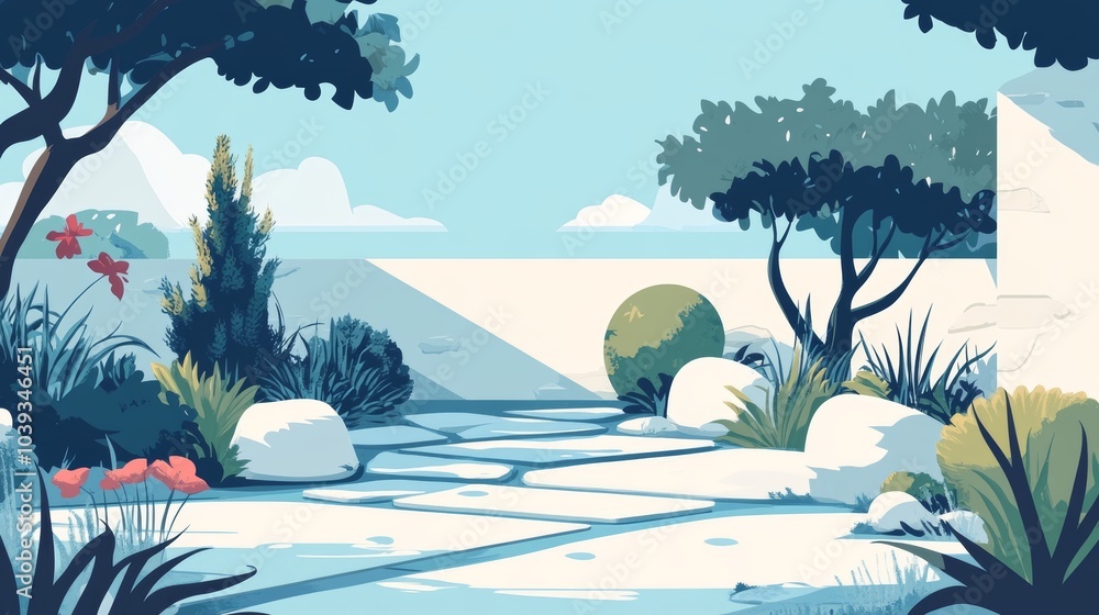 Serene Minimalist Garden with Sunlit Pathway and Tranquil Colors Serene Minimalist Garden with Sunlit Pathway and Tranquil Colors