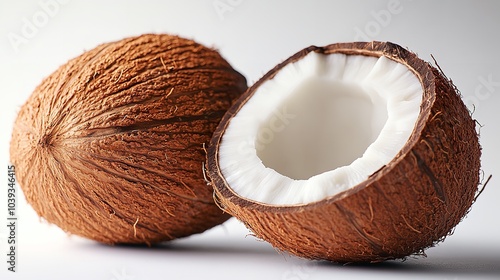 fresh coconut fruit isolated. whole coconut. half a coconut, sliced. white background. clipping path