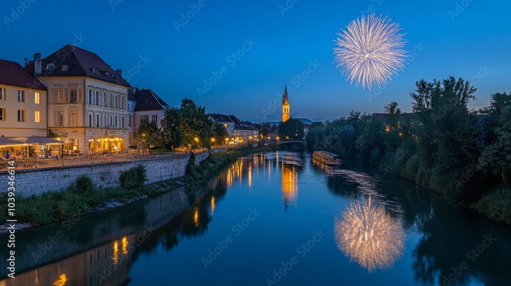 Naklejka premium Tranquil Evening by the River with Fireworks Display