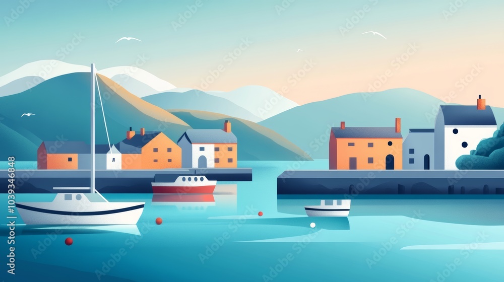 Naklejka premium Tranquil Coastal Scene with Boats and Colorful Houses at Dawn