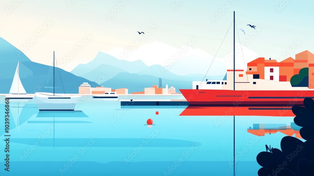 Serene Harbor Illustration with Sailboats and Red Yacht at Sunrise Serene Harbor Illustration with Sailboats and Red Yacht at Sunrise