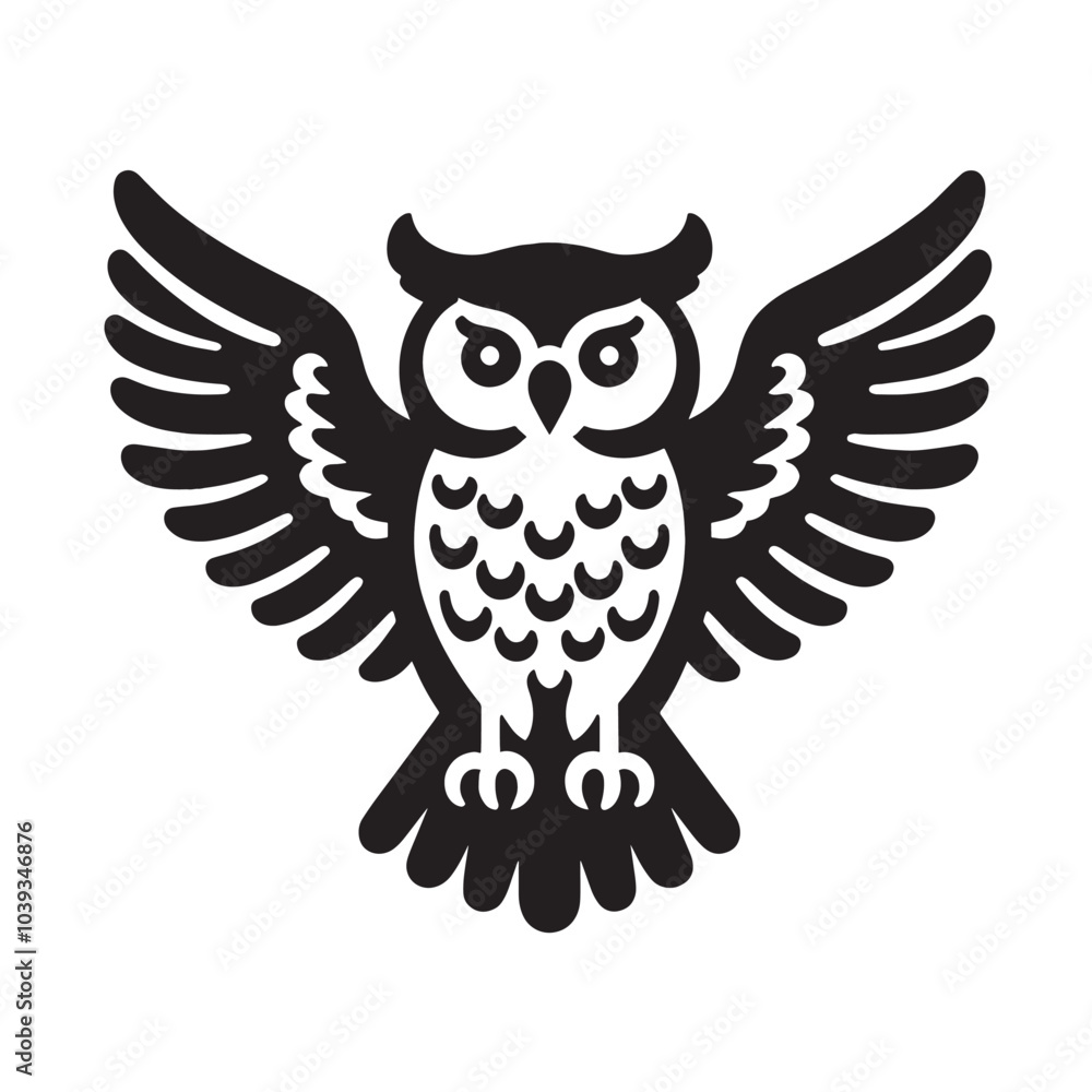 Obraz premium Black and white silhouette of an owl with wings spread. (1)