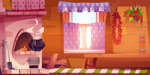 Old Russian kitchen interior with furniture. Vector cartoon illustration of wooden bench, curtains on window, hot food boiling in oven, pile of firewood and clean rag on floor, cozy village house