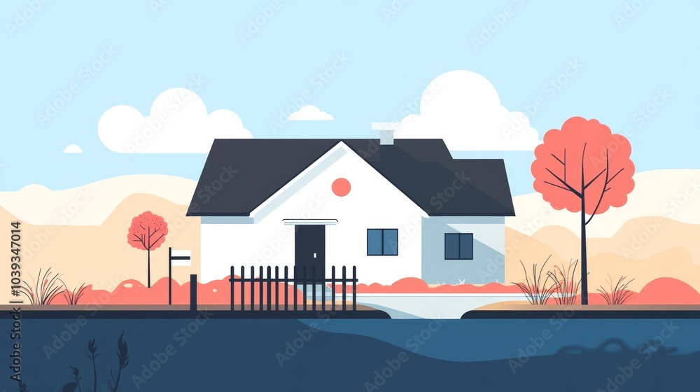 Cozy Suburban House with Autumn Trees and Serene Atmosphere in Minimalist Style Cozy Suburban House with Autumn Trees and Serene Atmosphere in Minimalist Style