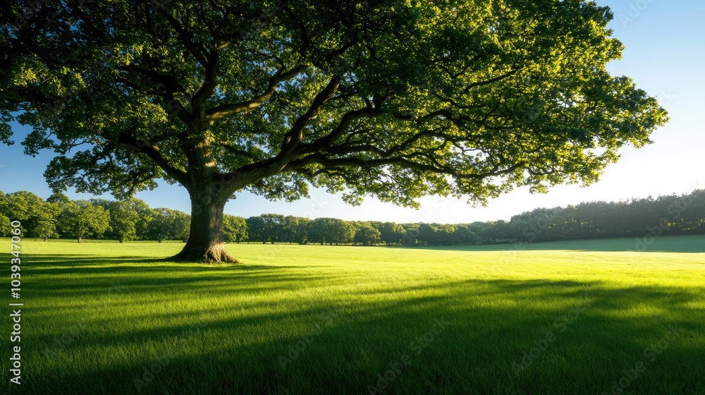 Fototapeta premium Lush green tree on spacious grassy field under clear blue sky