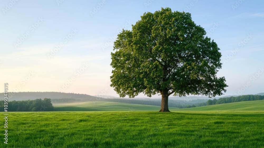 Lone tree in a green field under a clear sky during early morning light. Lone tree in a green field under a clear sky during early morning light.