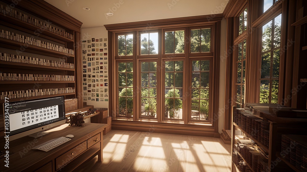 A well-lit home office with large windows overlooking a lush green backyard. A well-lit home office with large windows overlooking a lush green backyard.
