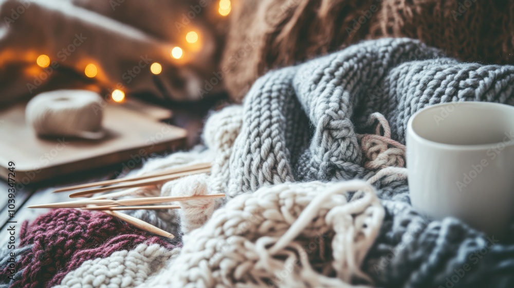 A cozy knitting nook with yarn and needles, Handcrafted garments taking shape, Artistic home studio style A cozy knitting nook with yarn and needles, Handcrafted garments taking shape, Artistic home studio style