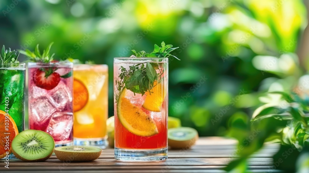 Refreshing colorful cocktails served in clear glasses, vibrant nature background. Refreshing colorful cocktails served in clear glasses, vibrant nature background.