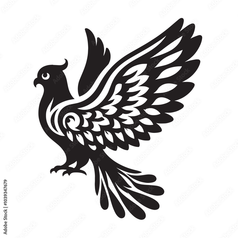 Black and white stylized bird silhouette with intricate details. Black and white stylized bird silhouette with intricate details.