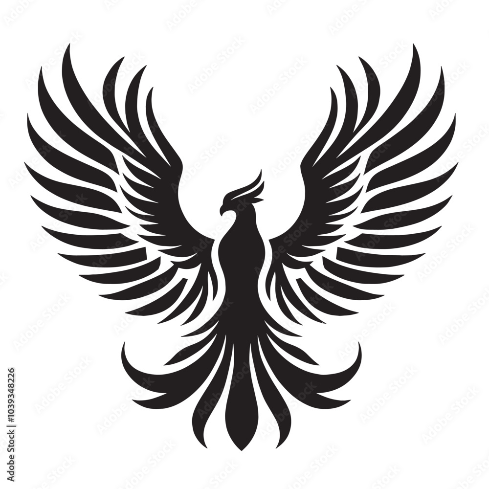 Black and white vector illustration of a phoenix with its wings spread. Black and white vector illustration of a phoenix with its wings spread.