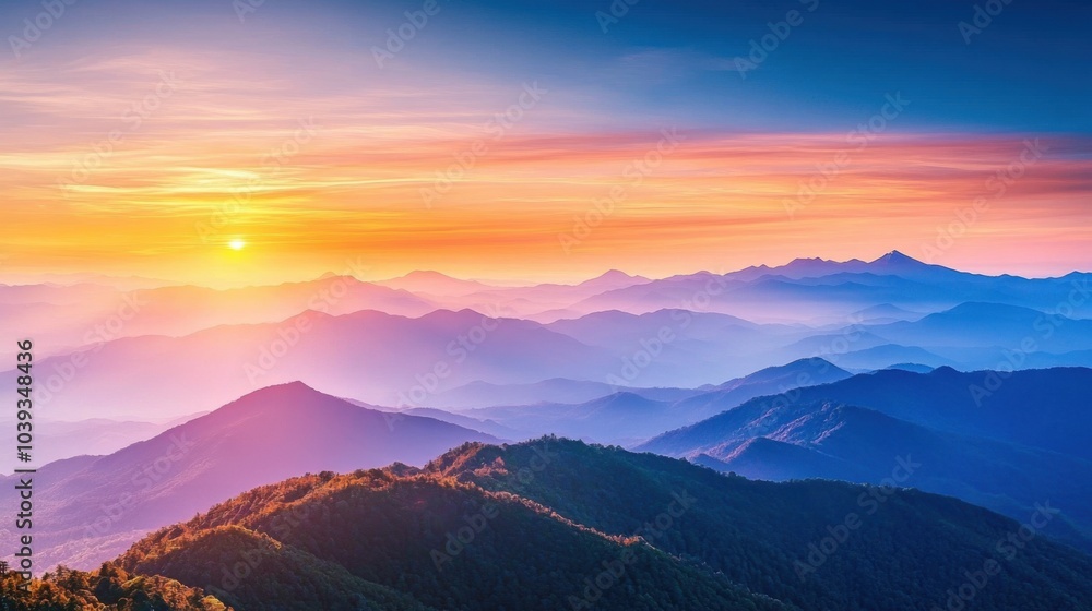 Obraz premium Serene mountain landscape at sunrise with vibrant colors.