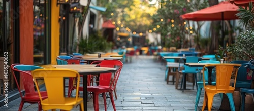 Wallpaper Mural Colorful tables and chairs on a cobblestone street in front of a cafe in a busy city. Torontodigital.ca