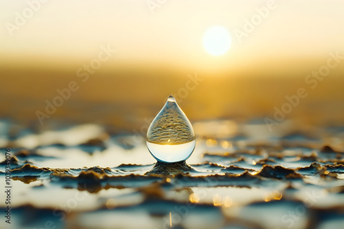 A drop of water with a drought land background photo