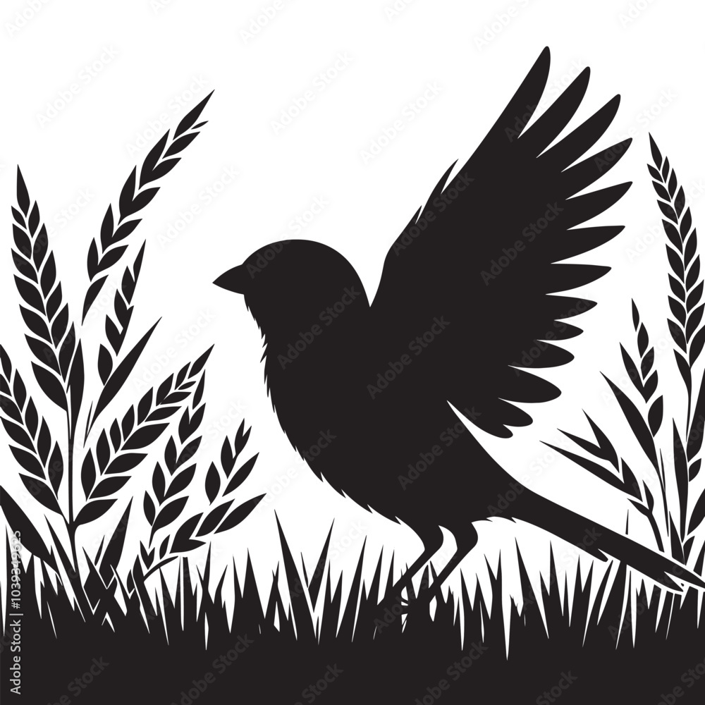Black silhouette of a bird with wings spread in grass. Black silhouette of a bird with wings spread in grass.