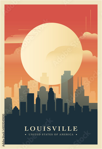 Louisville city brutalism poster with abstract skyline, cityscape. USA Kentucky state retro vector illustration. US travel front cover, brochure, flyer, leaflet, presentation template, layout image