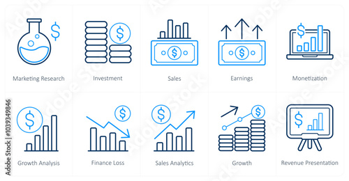 A set of 10 finance icons as marketing research, investment, sales