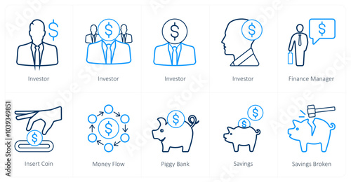 A set of 10 finance icons as investor, finance manager, insert coin