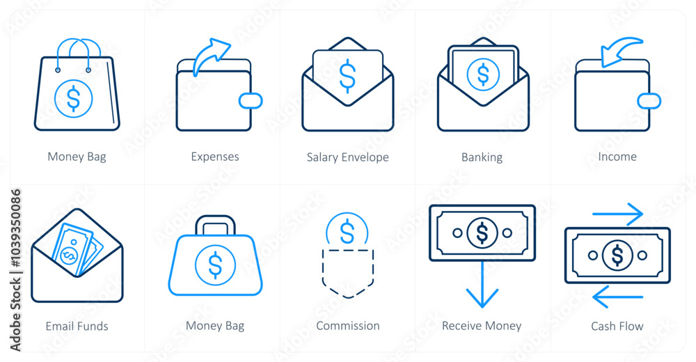 A set of 10 finance and money icons as money bag, expenses, salary envelope A set of 10 finance and money icons as money bag, expenses, salary envelope