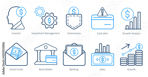 A set of 10 finance and money icons as investor, investment management, commission
