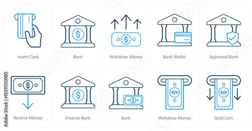 A set of 10 finance and money icons as insert card, bank, withdraw money