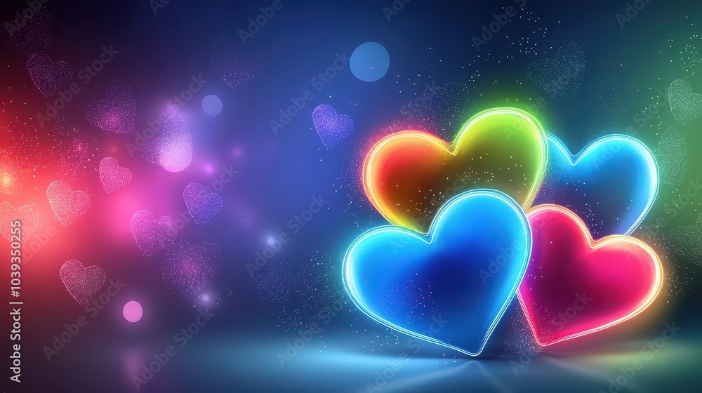 A vibrant heart background filled with neon-colored hearts in red, blue, green, and yellow, glowing against a dark background A vibrant heart background filled with neon-colored hearts in red, blue, green, and yellow, glowing against a dark background