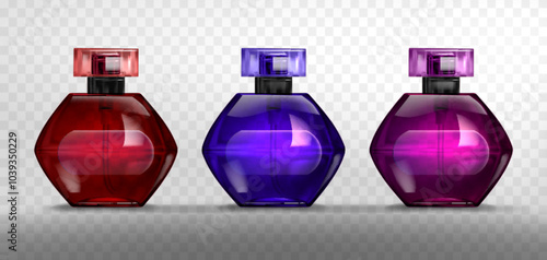 Transparent glass bottle for fragrance. Red, purple and blue perfumery product glazing container with sprayer and lid. Realistic 3d vector illustration set of perfume water packaging flacon mockup.