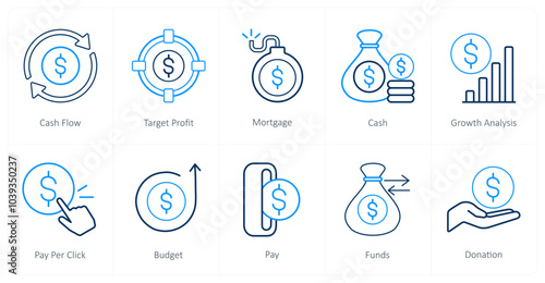 A set of 10 finance icons as cash flow, target profit, mortgage