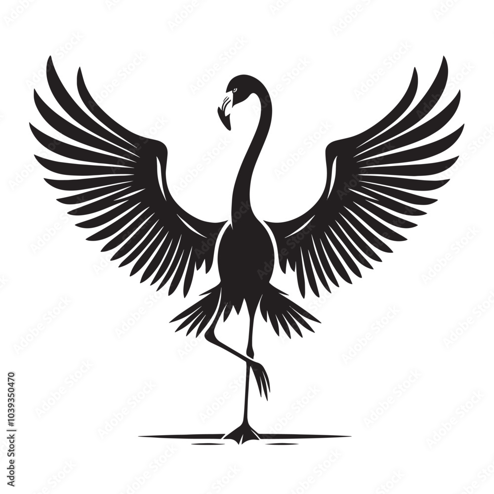Naklejka premium Black silhouette of a flamingo with wings outstretched, standing on one leg.