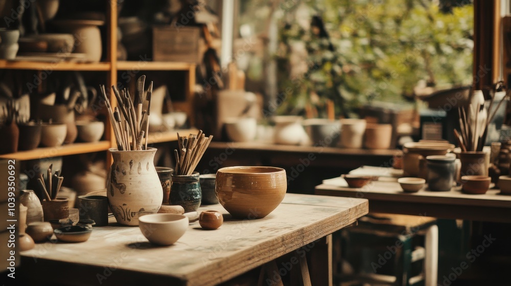 A cozy pottery workshop with pottery tools and artisanal ceramics, Pottery tools arranged on wooden workbenches, Artisanal pottery style A cozy pottery workshop with pottery tools and artisanal ceramics, Pottery tools arranged on wooden workbenches, Artisanal pottery style