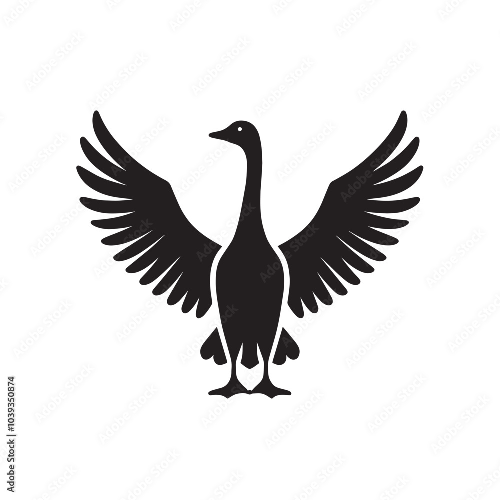 Naklejka premium Black silhouette of a goose with wings spread.