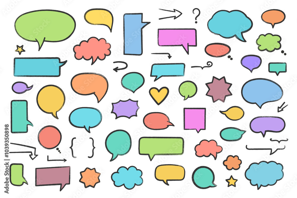 Set of hand drawn colored speech bubbles and other design elements, vector eps10 illustration