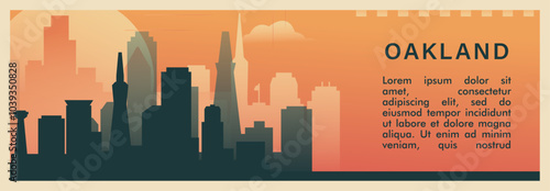 Oakland city brutalism vector banner with skyline, cityscape. USA California state retro horizontal illustration. United States of America travel layout for web presentation, header, footer