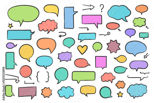 Set of hand drawn colored speech bubbles and other design elements, vector eps10 illustration