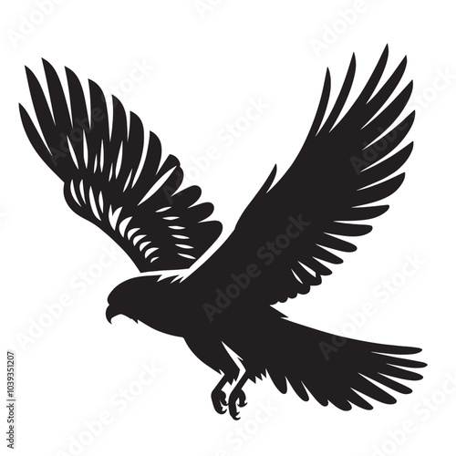 Black silhouette of a hawk with wings outstretched in flight.