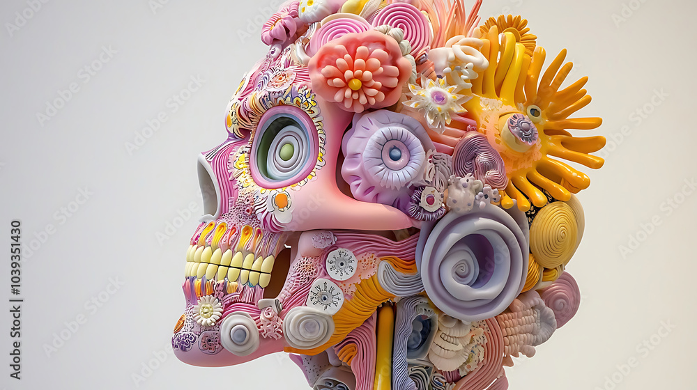 Fototapeta premium Intricately decorated sugar skull in luminous colors, showcasing vibrant floral patterns and intricate designs. This artistic piece captures essence of celebration and culture