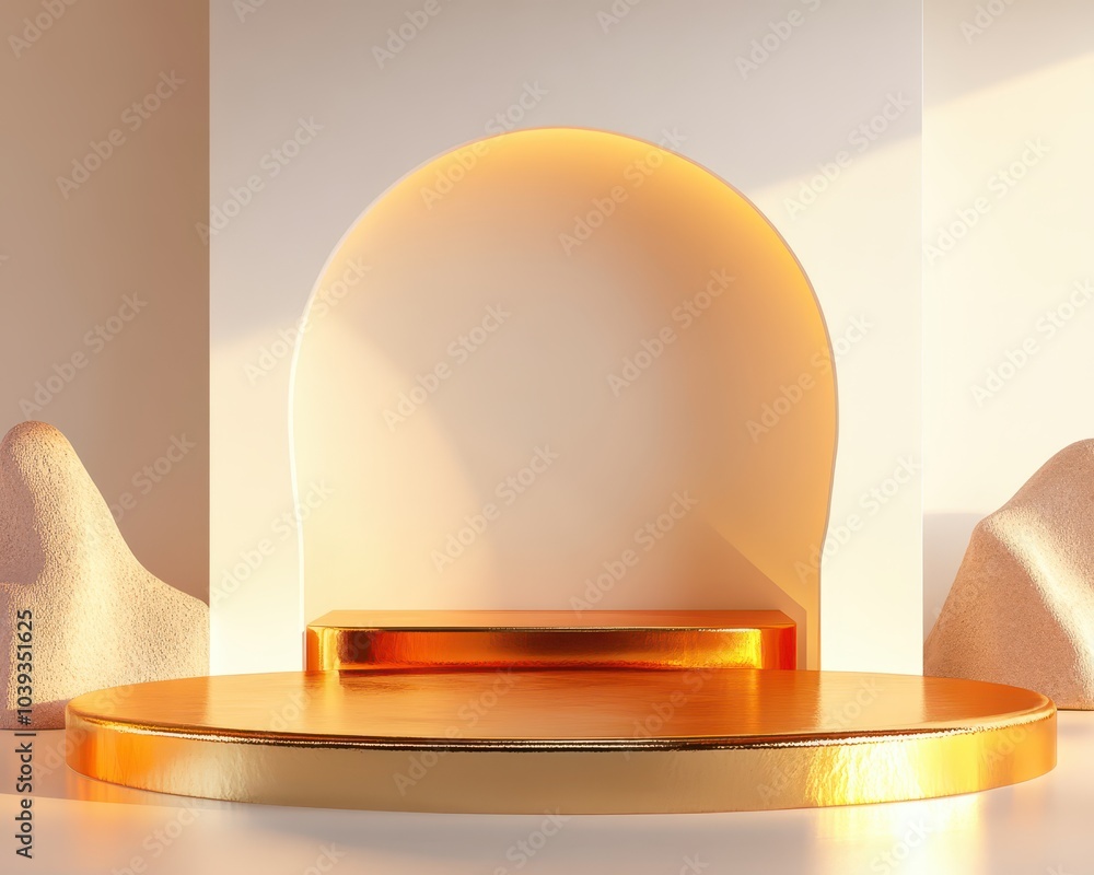 Luxurious gold platform illuminated by soft orange hues, surrounded by abstract shapes, minimalist yet extravagant display for luxury branding Luxurious gold platform illuminated by soft orange hues, surrounded by abstract shapes, minimalist yet extravagant display for luxury branding