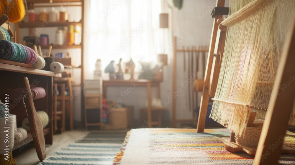 A cozy textile art studio with weaving tools and colorful yarns, Textile tools arranged in a weaving studio, Artistic studio style A cozy textile art studio with weaving tools and colorful yarns, Textile tools arranged in a weaving studio, Artistic studio style