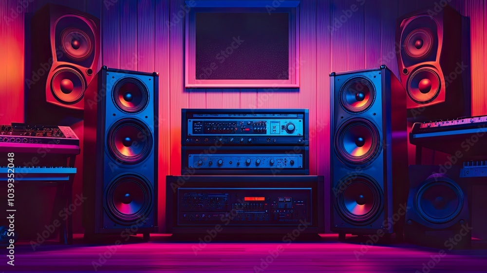Fototapeta premium Vibrant music studio with audio equipment.