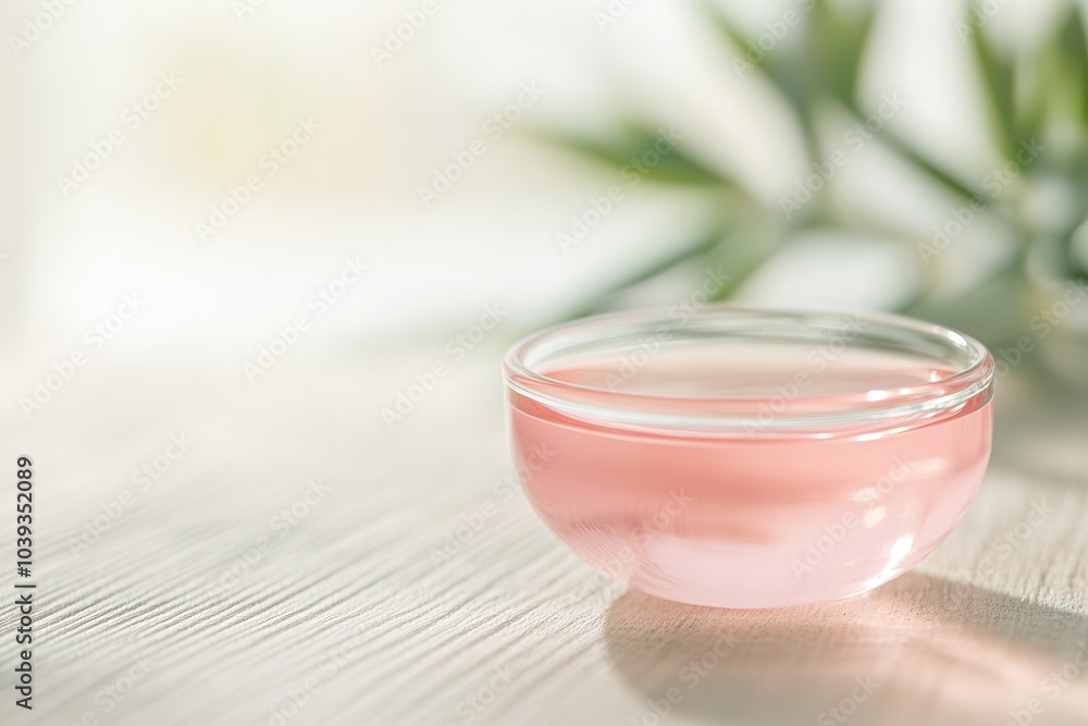 Soft light through glass dish with pink liquid on wooden surface Soft light through glass dish with pink liquid on wooden surface