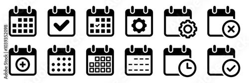 Calendar flat icon set. Deadline, calendar notification, reminder organizer. Containing date, schedule, month, week, appointment, agenda, organization, and event icons. Vector illustration.