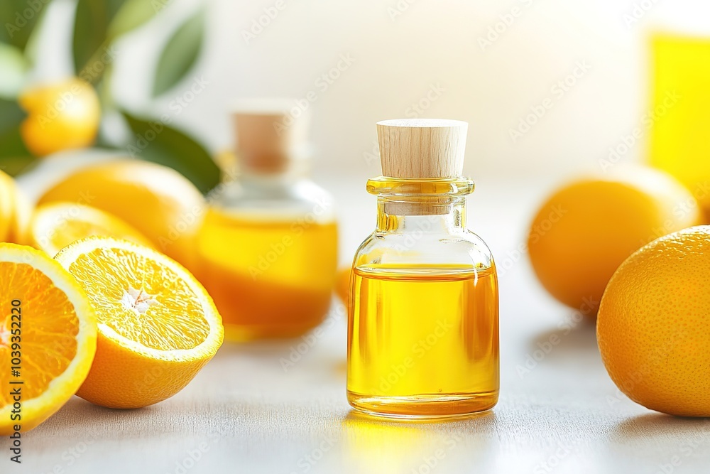 Bright citrus oil with oranges on sunny kitchen table Bright citrus oil with oranges on sunny kitchen table