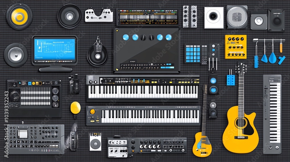 Collection of music equipment icons including a guitar, keyboard, mixer and more. Collection of music equipment icons including a guitar, keyboard, mixer and more.