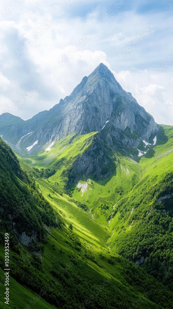 Fototapeta premium Majestic Mountain Peaks Surrounded by Lush Green Valleys Under a Soft Blue Sky