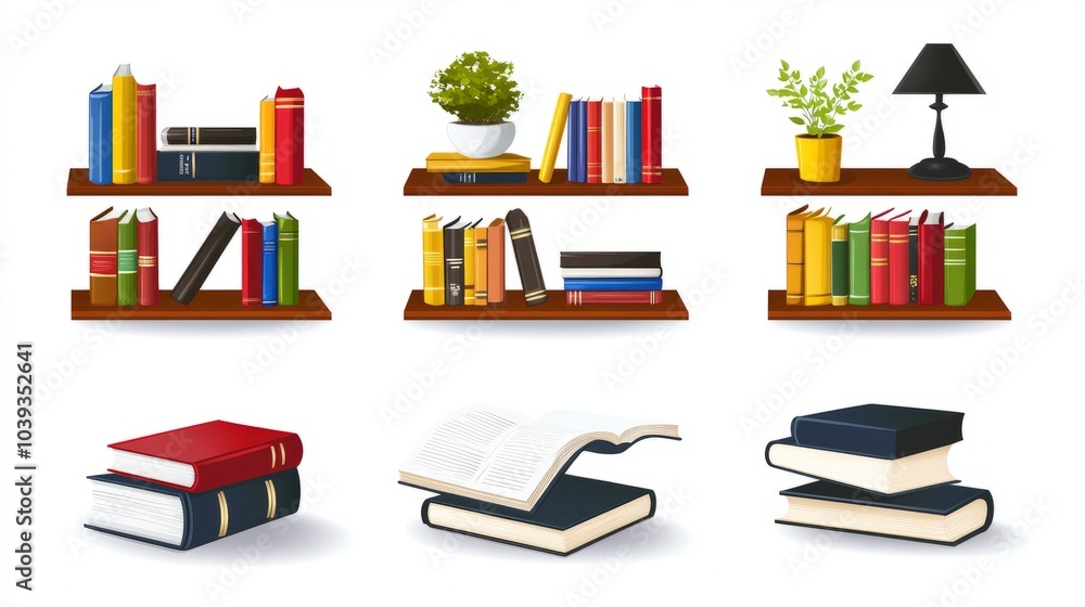 Colorful books stacked on wooden shelves with plant pots and a lamp. Colorful books stacked on wooden shelves with plant pots and a lamp.