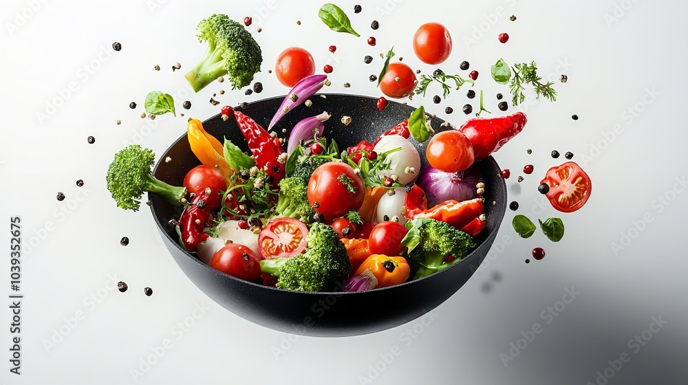Fresh and Colorful Vegetable Salad with Herbs and Spices in Motion Fresh and Colorful Vegetable Salad with Herbs and Spices in Motion