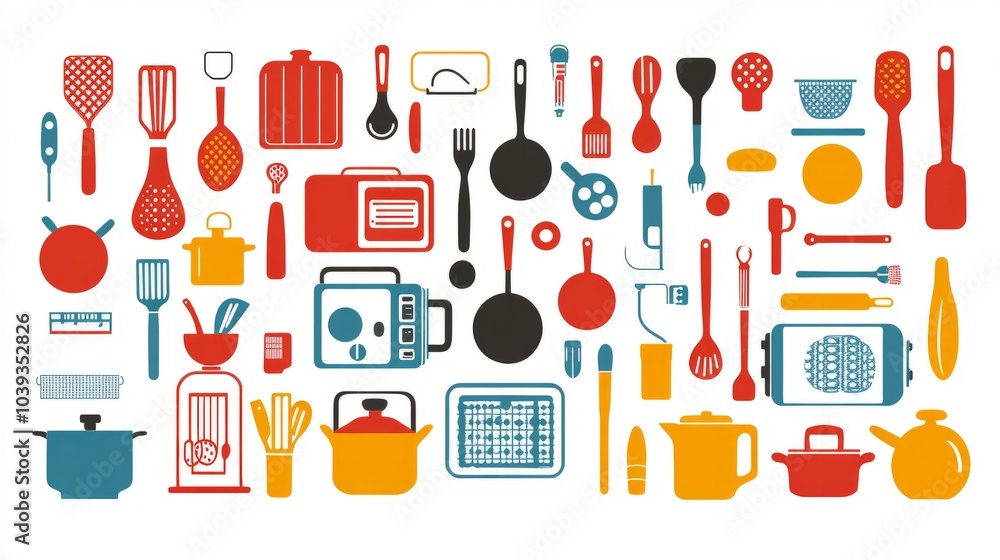 Colorful kitchen utensils and cookware in a flat design. Colorful kitchen utensils and cookware in a flat design.